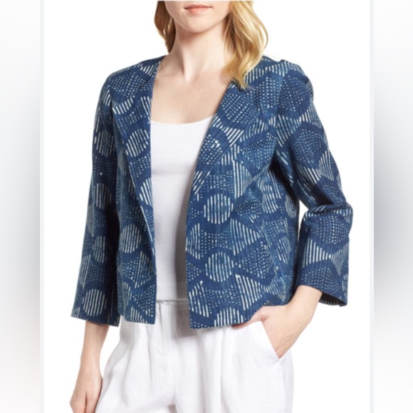 Eileen Fisher Hand-Printed Indigo Organic Cotton Round Neck Jacket Blue - Picture 6 of 6